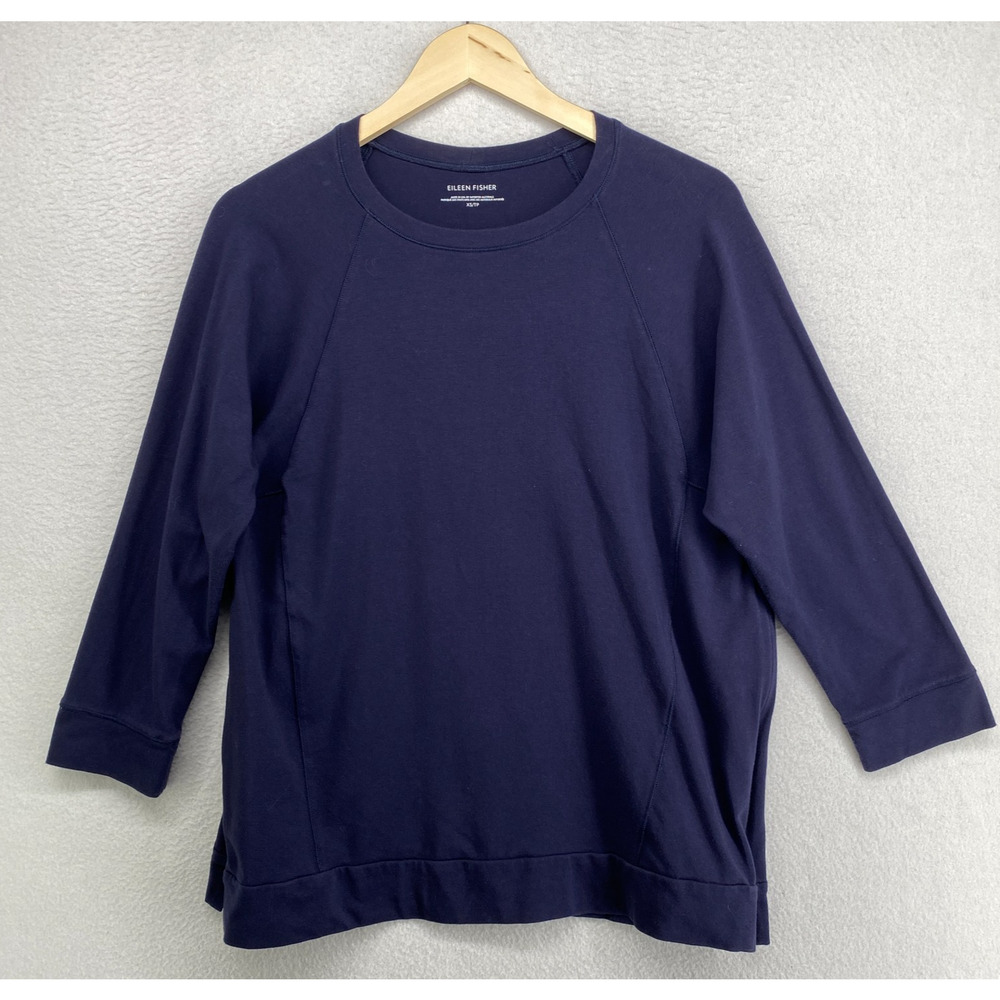 EILEEN FISHER Top XS Stretch Cotton Jersey Hidden Side Zip 3/4 Sleeve Blue
